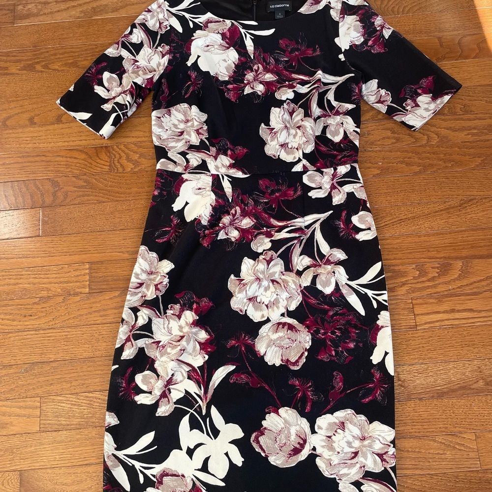 Liz Claiborne Black Burgundy Floral Dress ~ 6